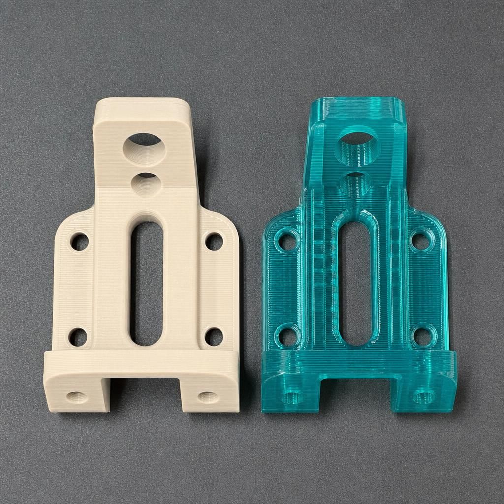 Comparação de peça impressa em PLA frágil e peça em PETG resistente sobre a mesa de impressão