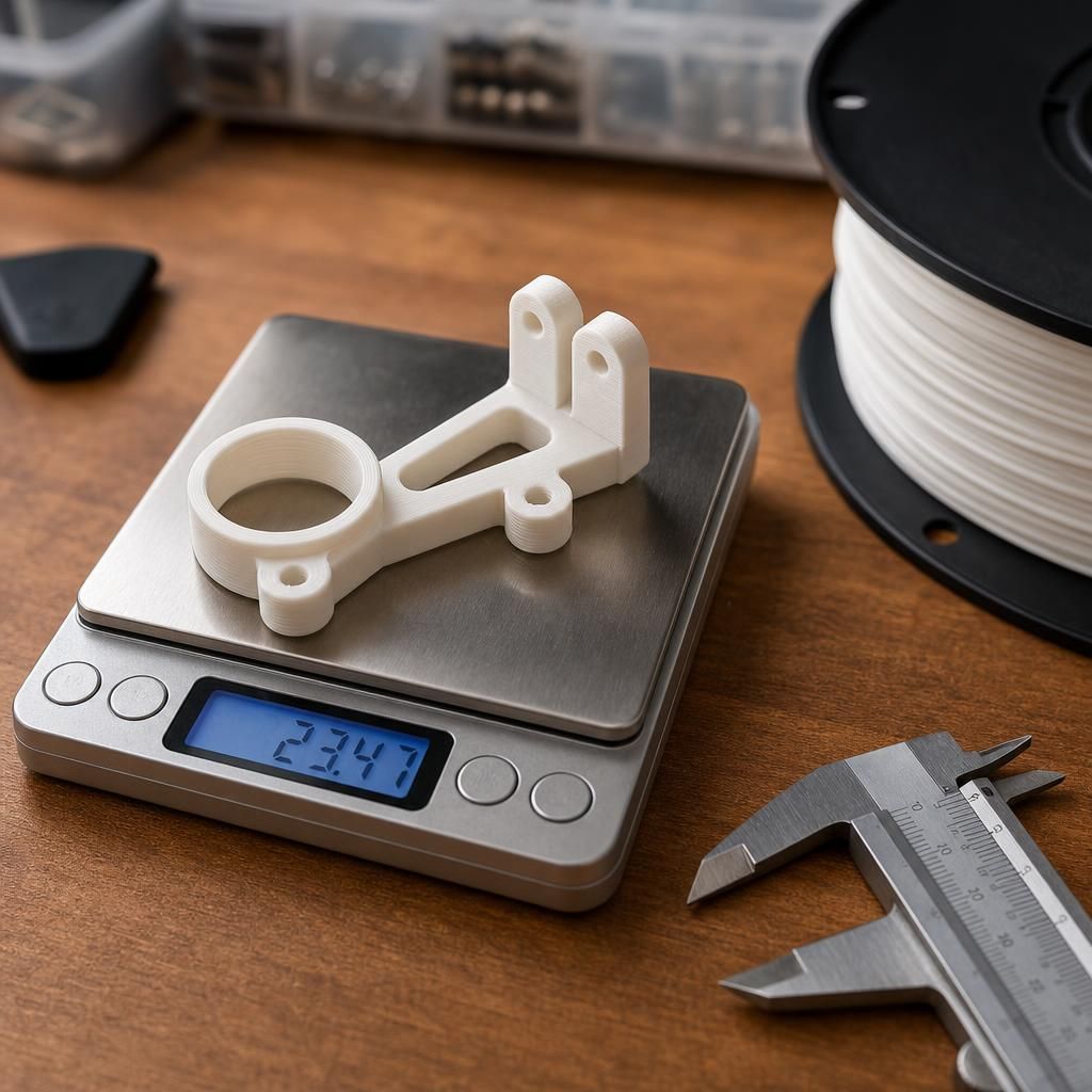 Balança digital pesando peça impressa em 3D ao lado de rolo de filamento para calcular custo de material