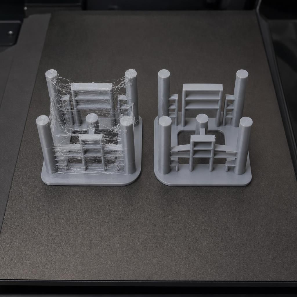 Comparação de peça com stringing antes e depois de calibrar a retração na impressão 3D