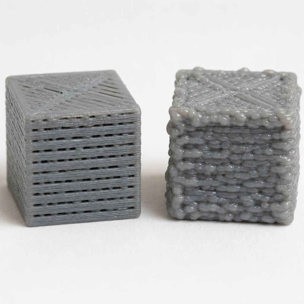 Comparação entre subextrusão e sobreextrusão em peças impressas em 3D