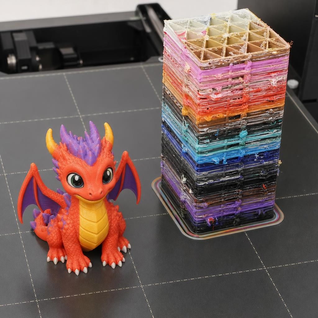 Purge tower ao lado de modelo impresso em 3D multicolor mostrando resíduos de filamento