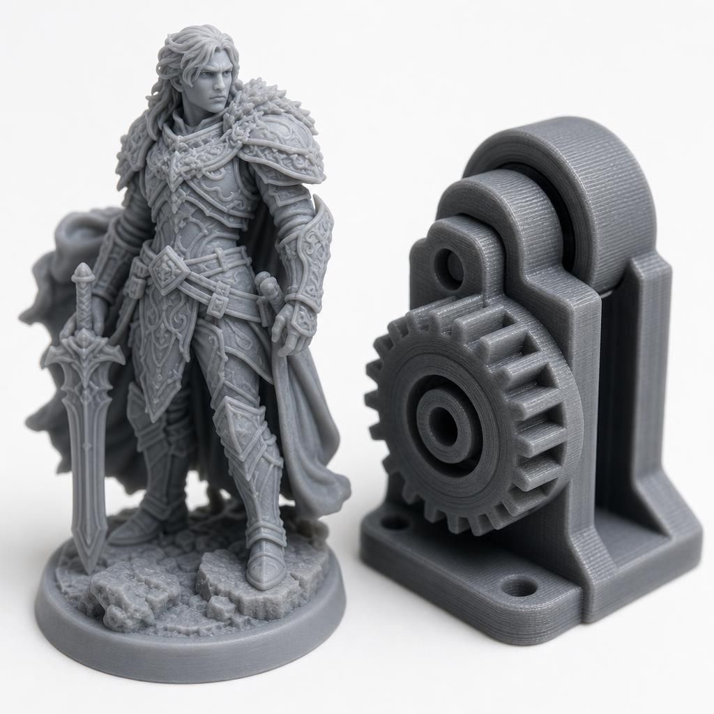 Miniatura de RPG impressa em resina com altíssimo nível de detalhe ao lado de peça funcional impressa em filamento PLA