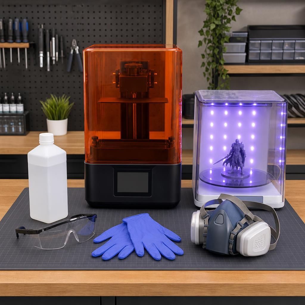 Equipamentos de segurança para impressão 3D de resina: luvas de nitrilo, óculos de proteção, respirador VOC, álcool isopropílico e estação de cura UV sobre bancada de maker
