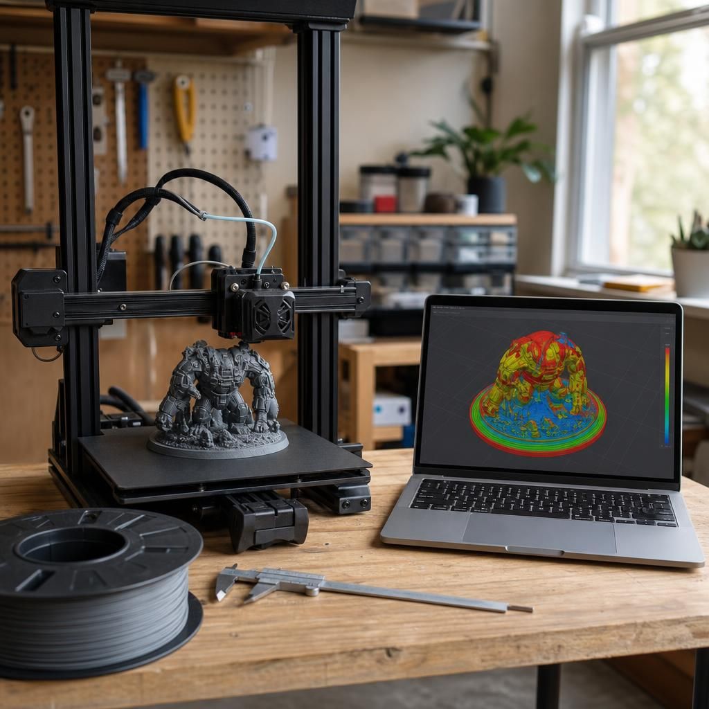 Mesa de maker com impressora 3D imprimindo peça detalhada ao lado de computador com slicer aberto mostrando visualização de camadas