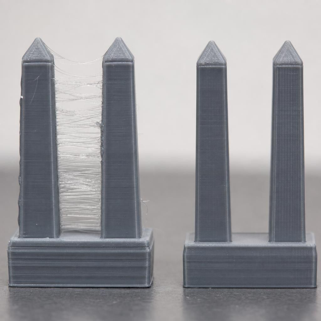 Comparação entre um bloco com stringing e um bloco limpo em impressão 3D