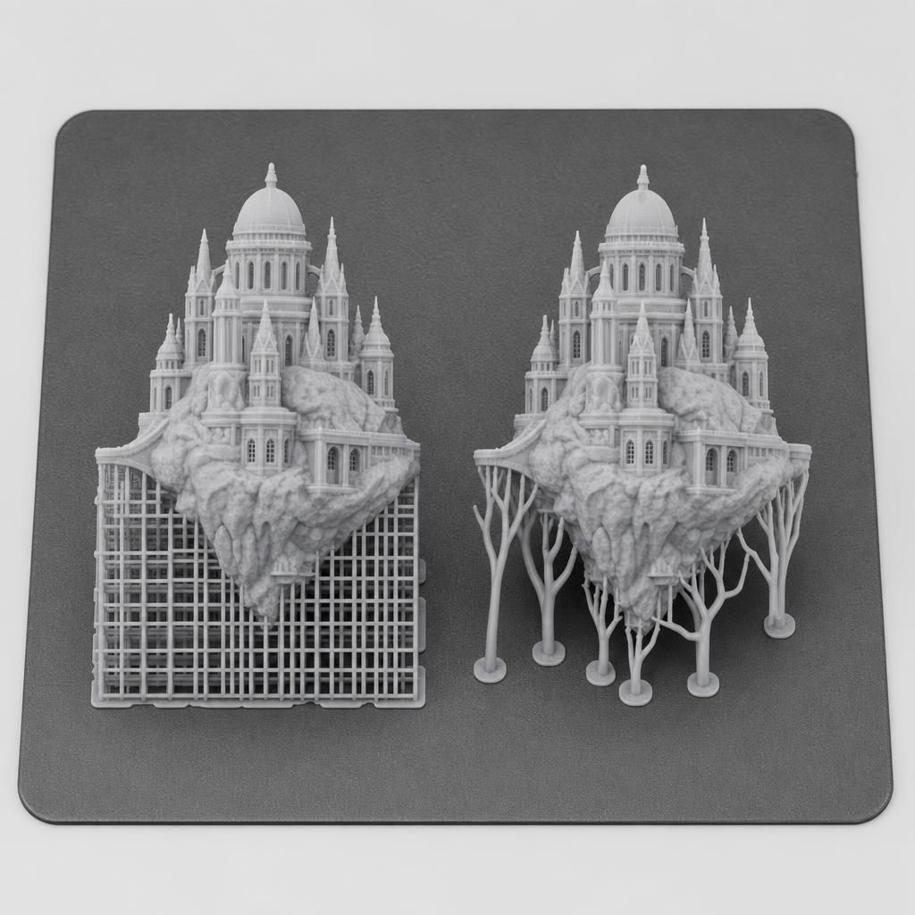 Comparação entre suporte normal em treliça e suporte em árvore na impressão 3D