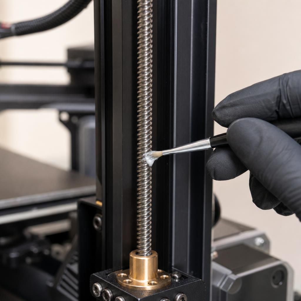 Mão com luva aplicando uma pequena porção de graxa sintética branca no fuso Z vertical de uma impressora 3D FDM.