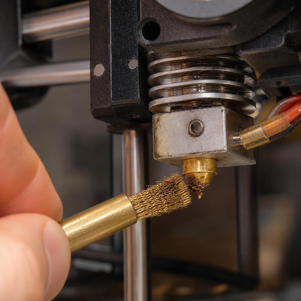 Mão limpando o bico quente de uma impressora 3D FDM com uma escova de cerdas de latão durante a manutenção.