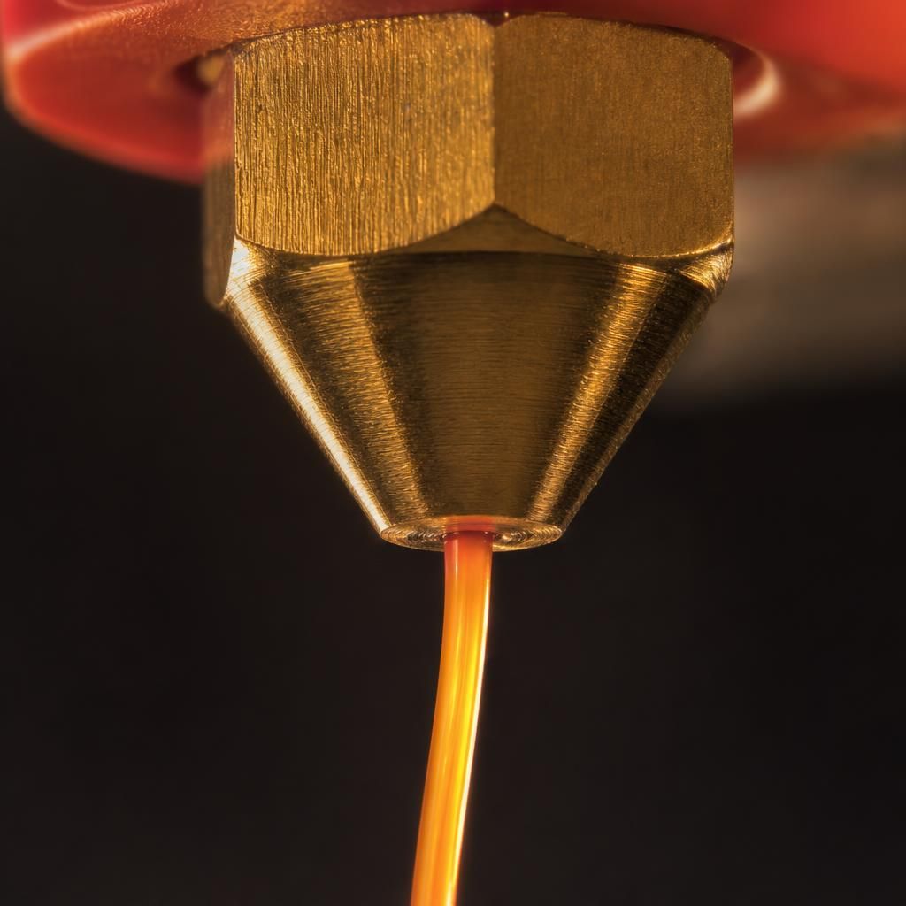 Macro de filamento derretido saindo do bico de latão de uma impressora 3D, ilustrando o fluxo volumétrico em mm³/s