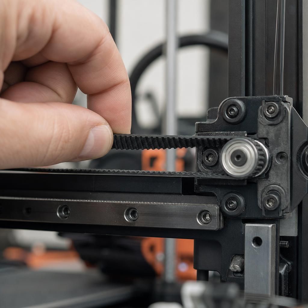 Verificação da tensão da correia GT2 no eixo X de uma impressora 3D, causa comum de ghosting