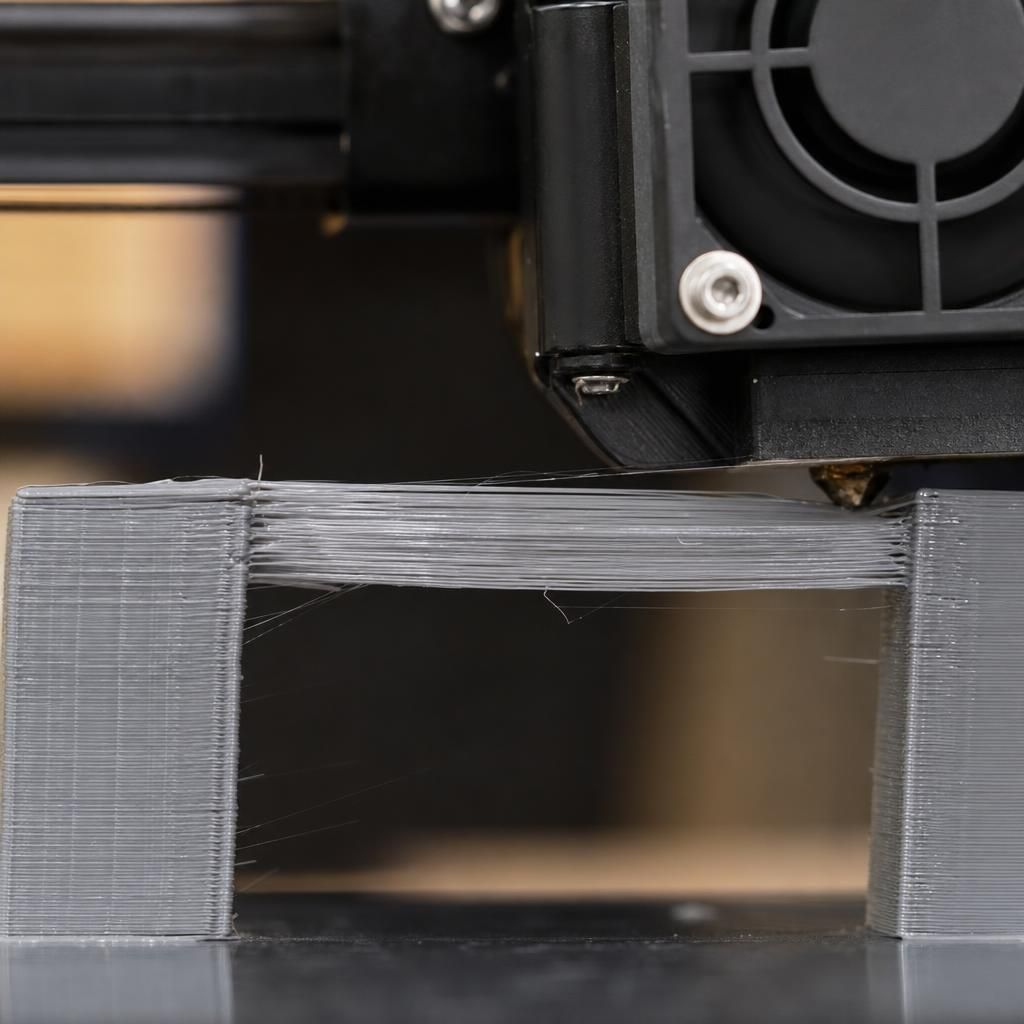Ponte (bridge) sendo impressa em 3D atravessando um vão sem suporte, filamento esticado entre duas paredes