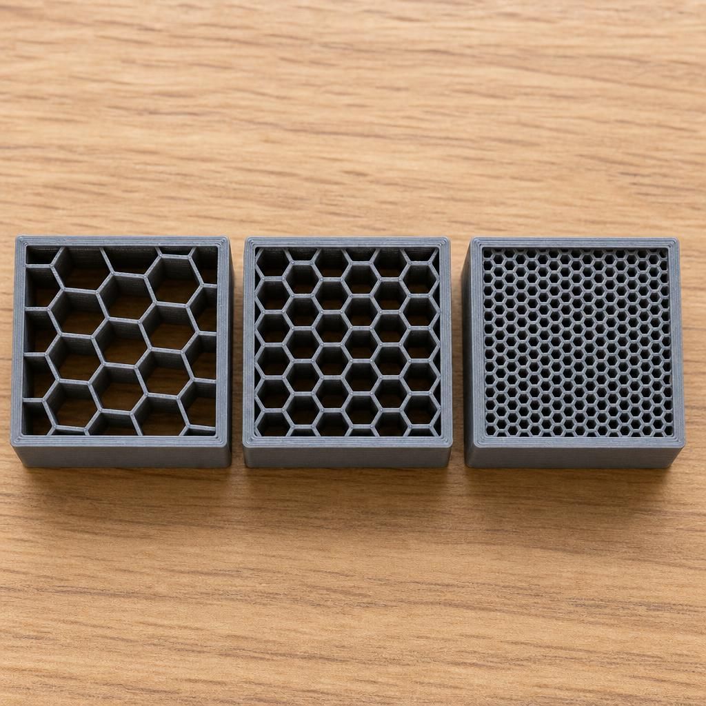 Cubos cortados comparando diferentes porcentagens de infill na impressão 3D