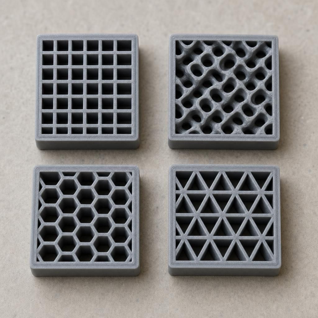 Amostras com diferentes padrões de infill na impressão 3D lado a lado