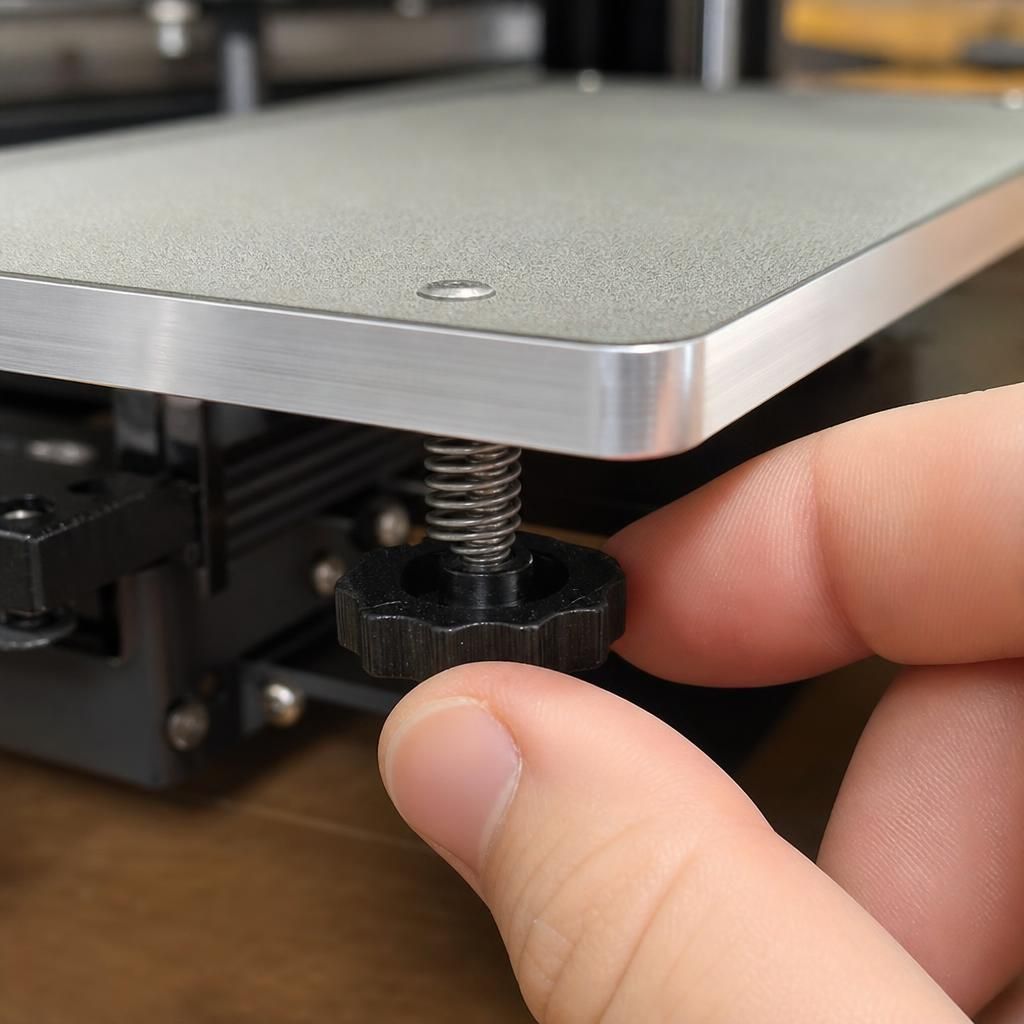 Ajuste do parafuso de nivelamento em um dos cantos da mesa da impressora 3D