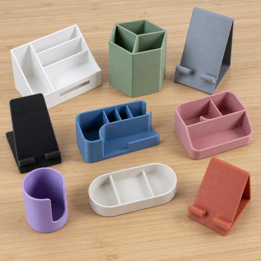 Conjunto de organizadores e suportes de mesa impressos em 3D em cores variadas