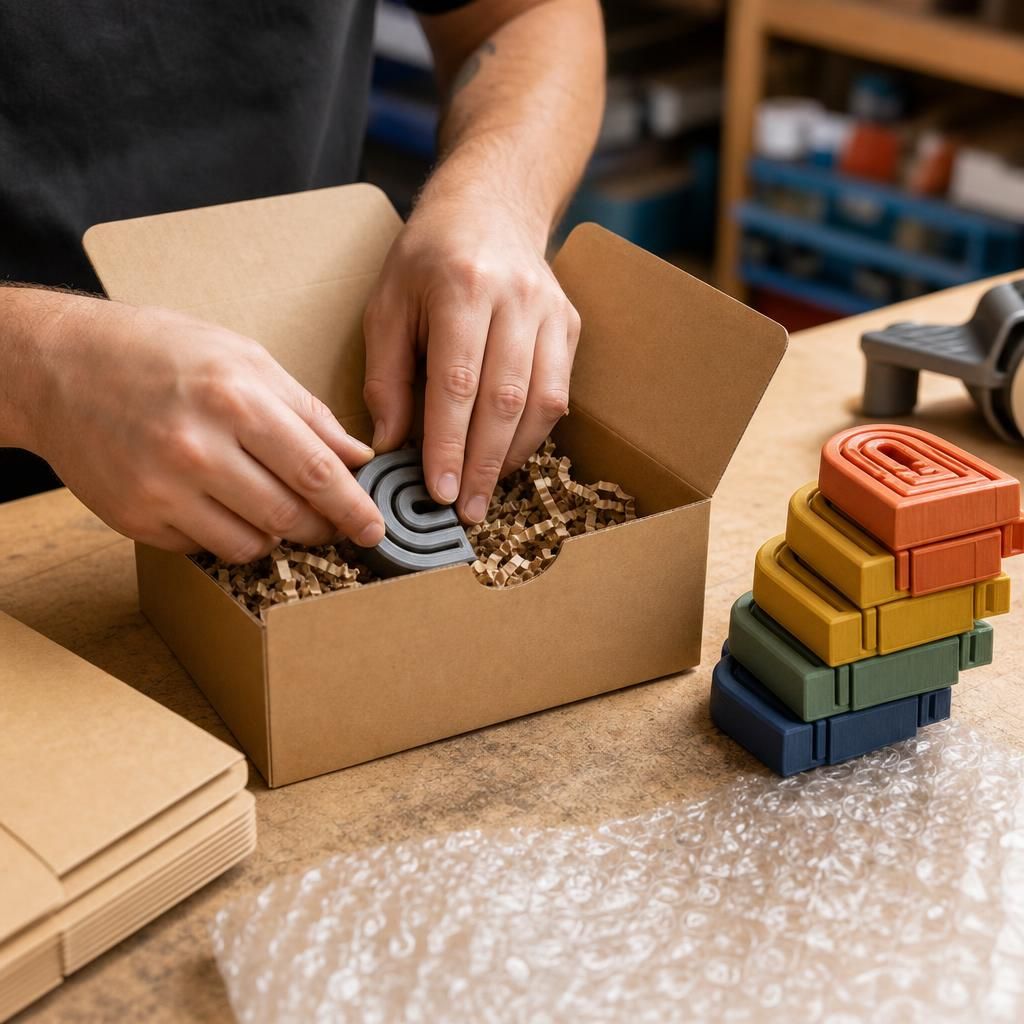 Maker embalando uma peça impressa em 3D para envio de venda online