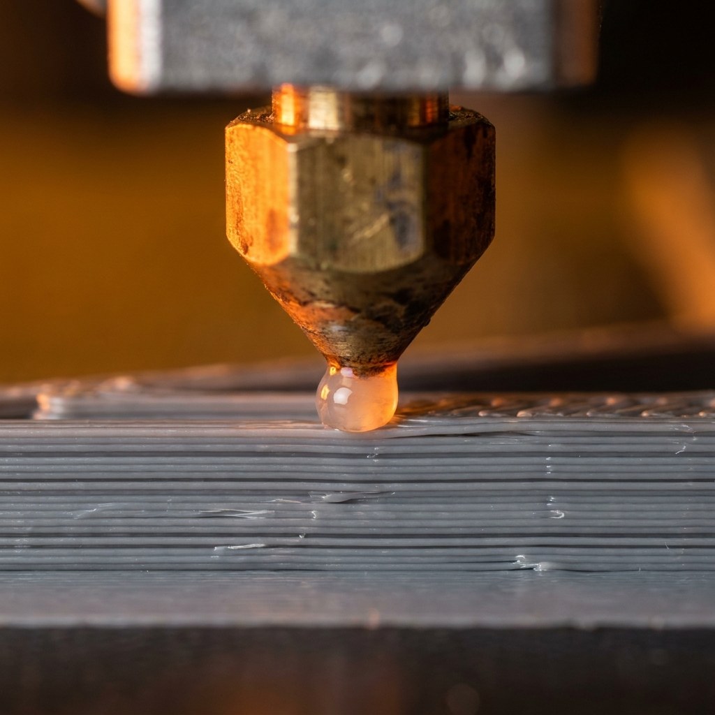 Bico da impressora 3D extrudando o filete e esmagando a camada sobre a anterior