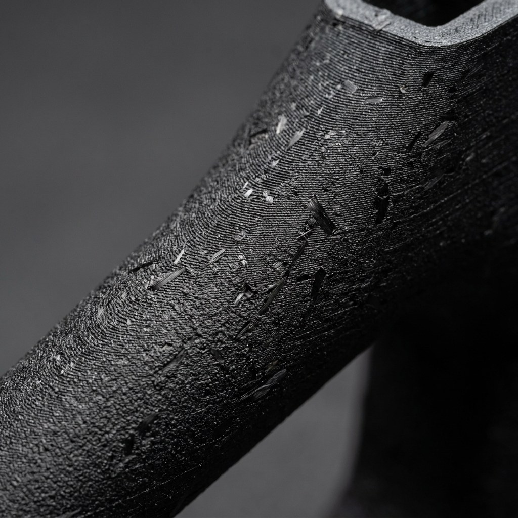 Detalhe da textura fosca de uma peça impressa em filamento de fibra de carbono