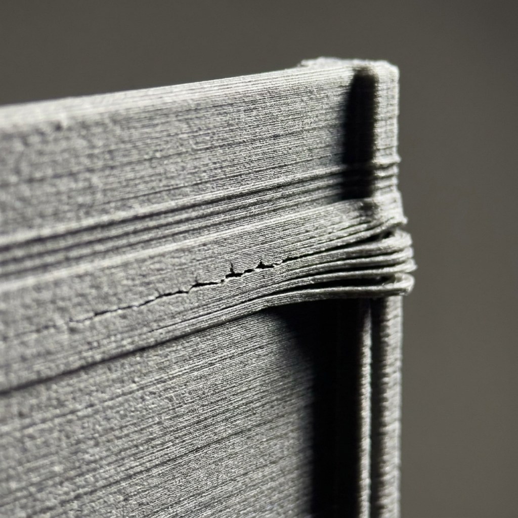 Macro de parede de peça impressa em 3D com camadas separando por má adesão entre camadas