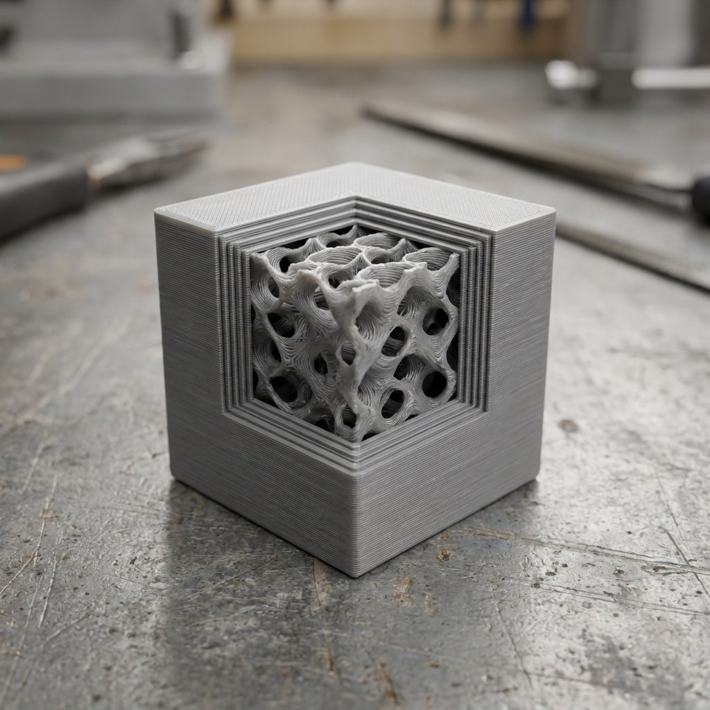 Corte de peça impressa em 3D mostrando paredes externas e infill interno
