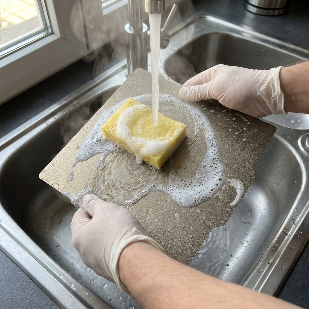 Mãos lavando uma chapa de impressão 3D com água morna e detergente para recuperar a adesão