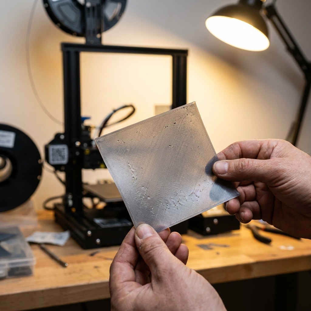 Maker avaliando a primeira camada de um teste de impressão antes de comprar uma impressora 3D usada