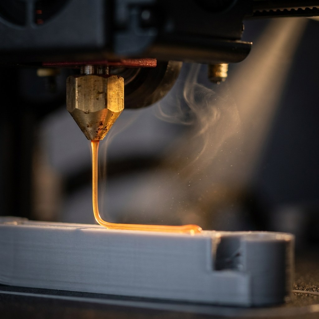 Bico da impressora 3D extrudando plástico quente com vapor no ar, representando as emissões de partículas e VOC