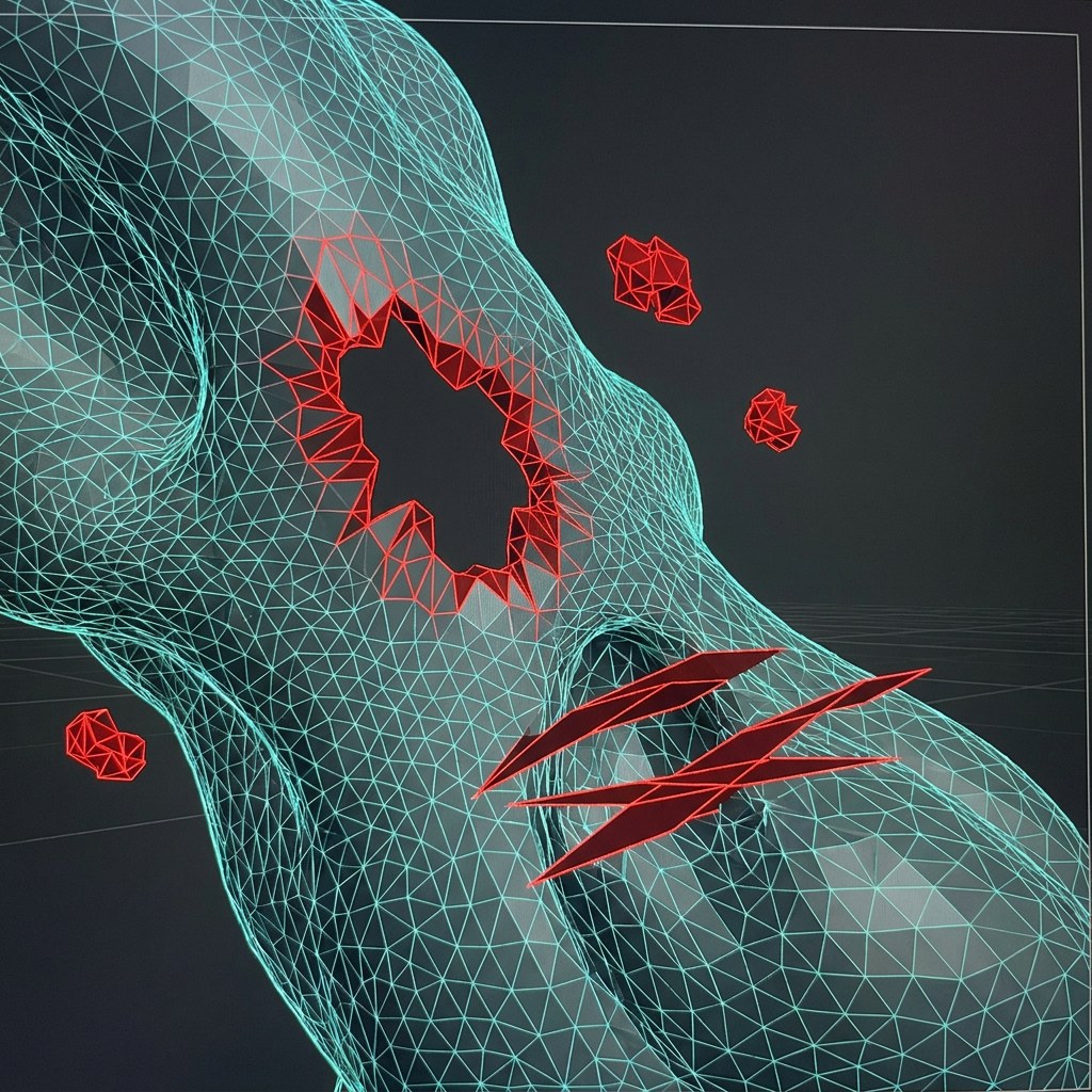 Malha 3D gerada por IA com bordas non-manifold e paredes finas destacadas na tela