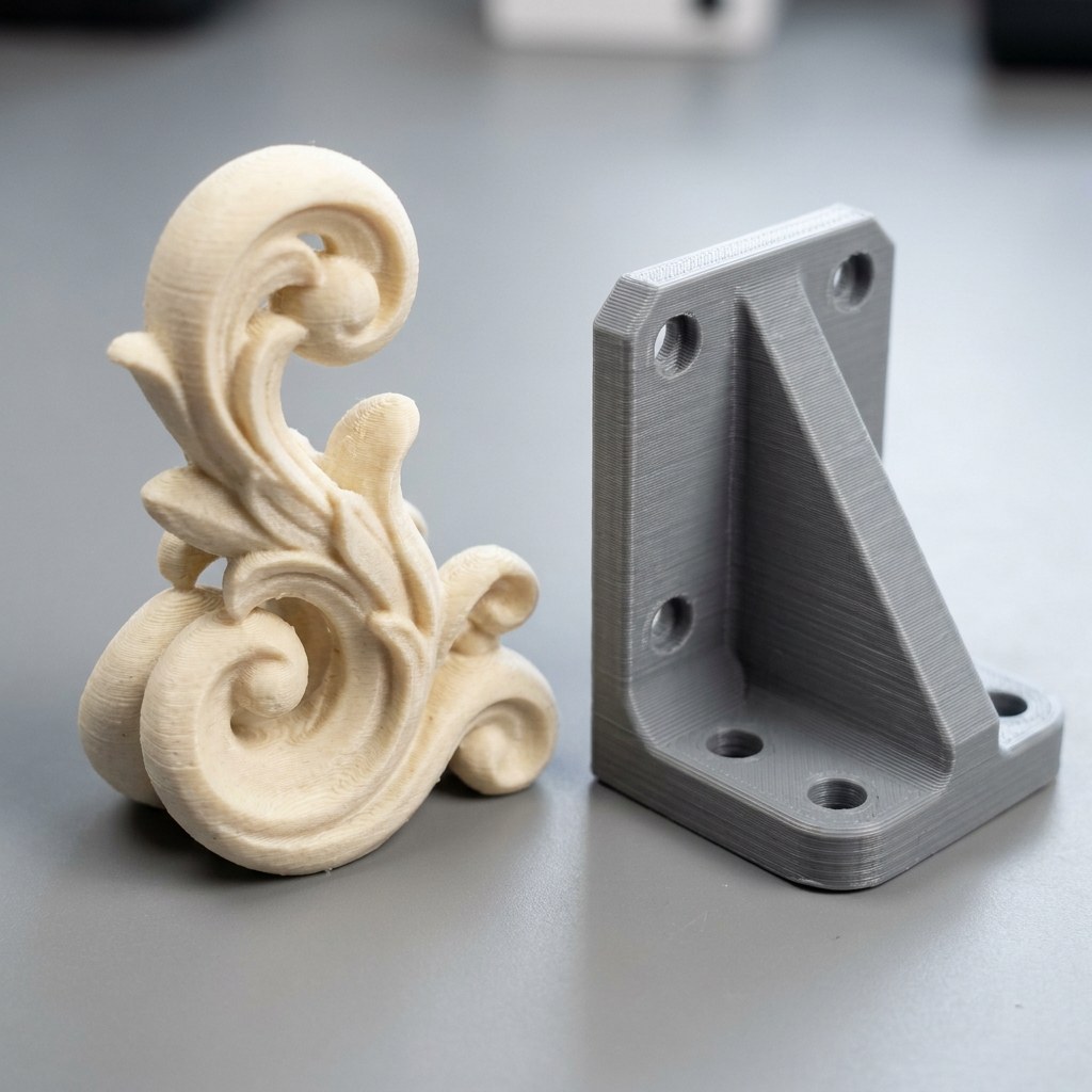 Peça decorativa impressa em 3D ao lado de suporte funcional, comparando IA e CAD