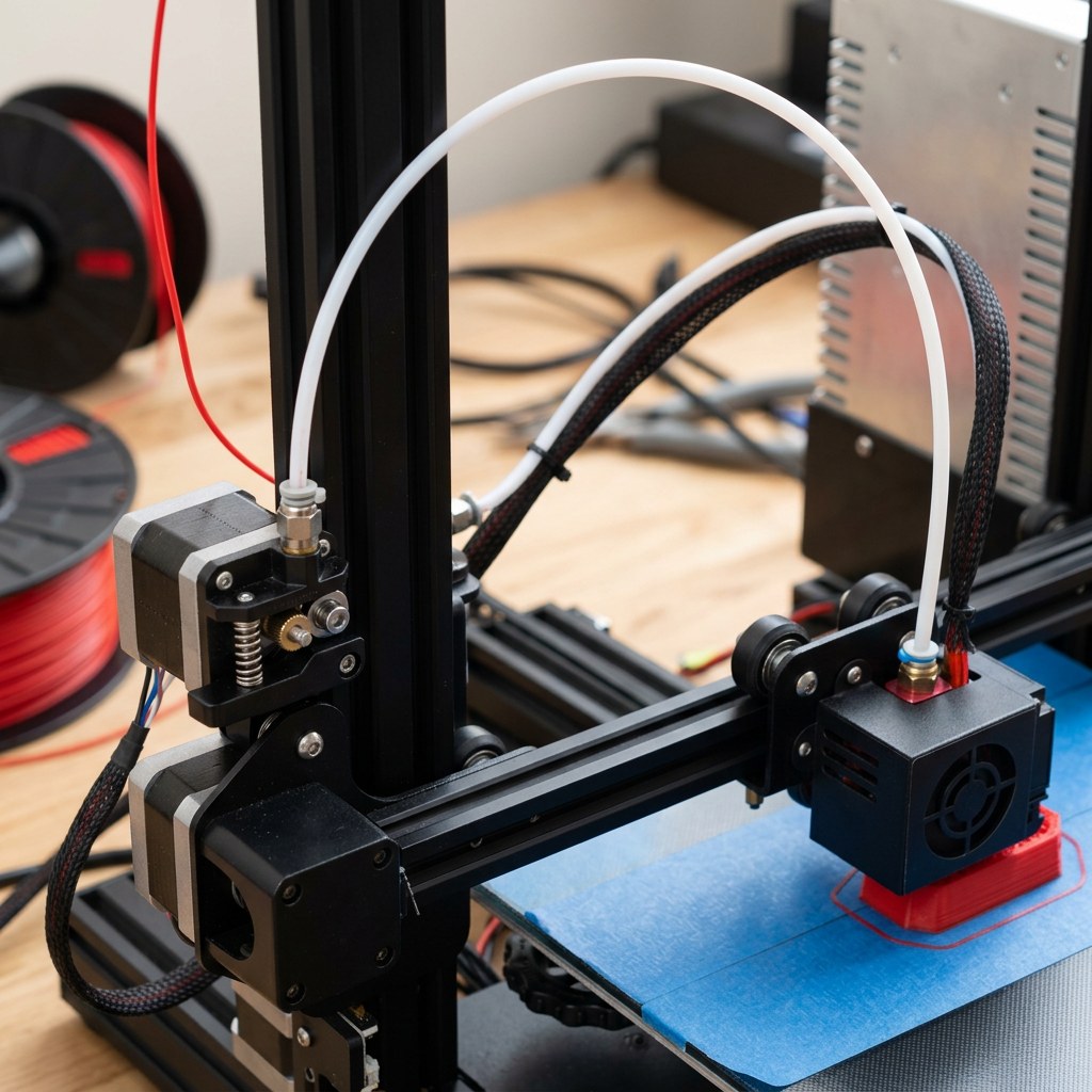 Tubo bowden PTFE conduzindo filamento até o hotend em impressora 3D