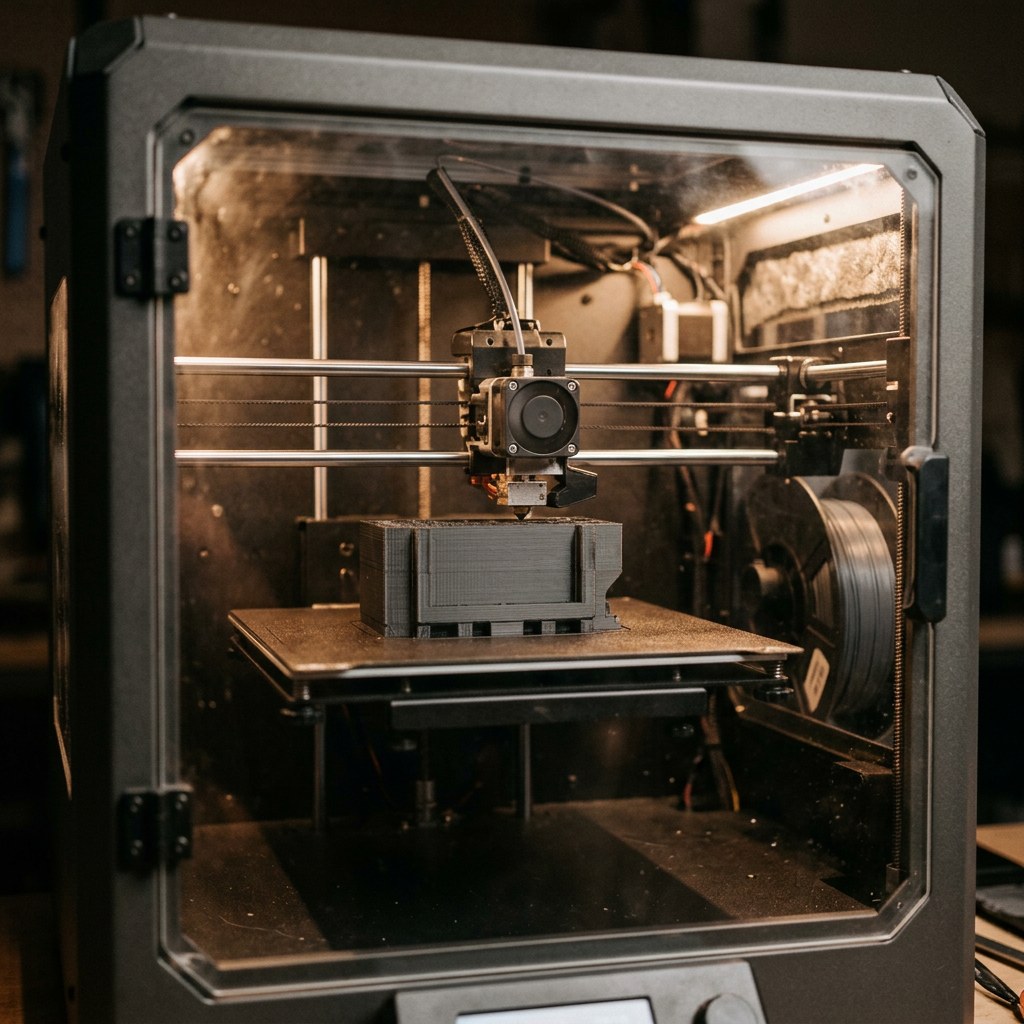 Interior da câmara fechada de uma impressora 3D com peça escura sendo impressa na mesa aquecida