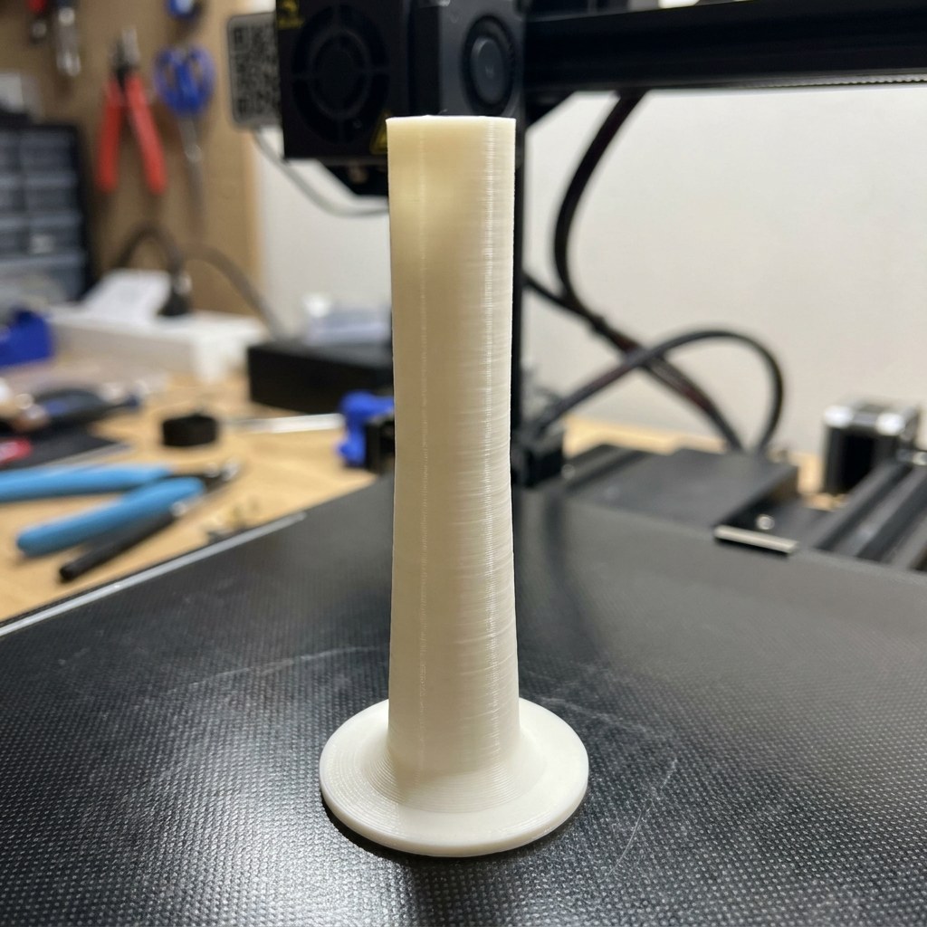Peça alta com base pequena cercada por um brim largo para evitar que caia durante a impressão 3D