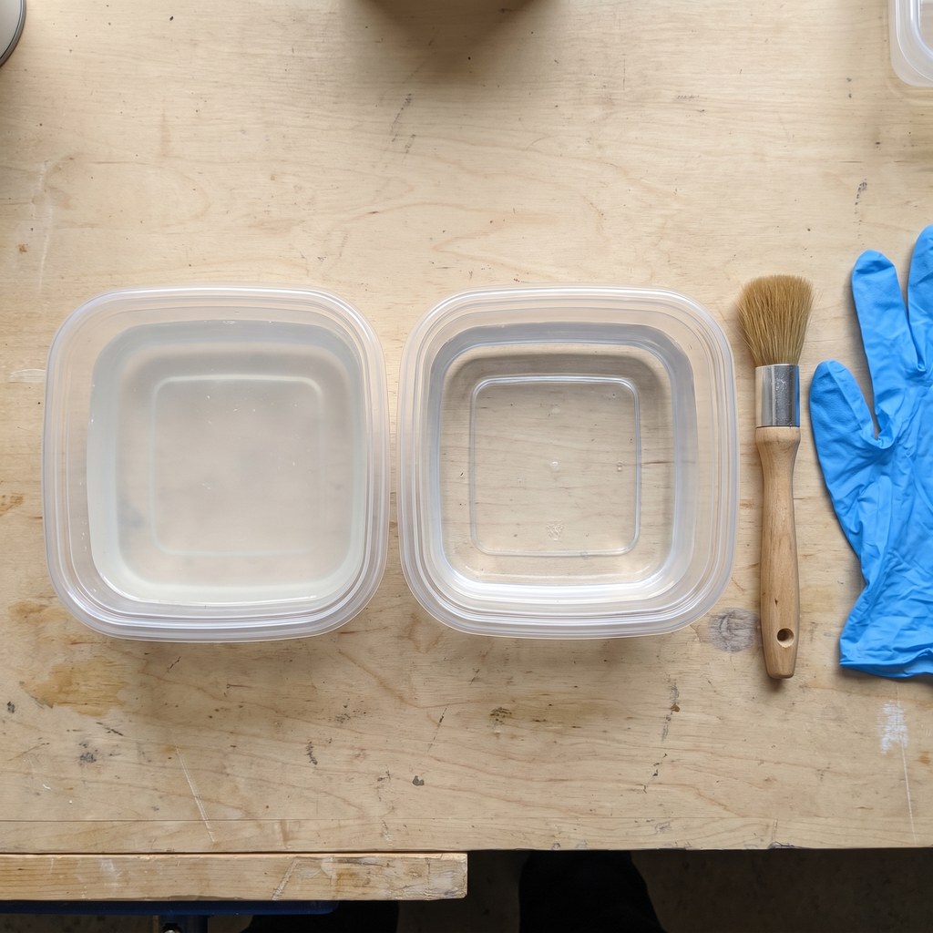 Método dos dois banhos para lavar peças de resina, com dois recipientes de álcool isopropílico e escova macia