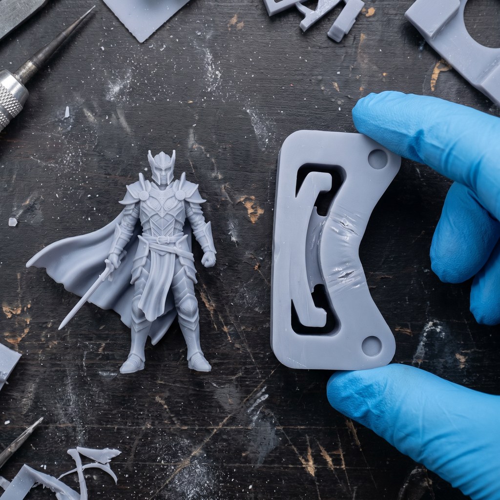 Comparação entre miniatura detalhada em resina padrão e peça funcional em resina tough