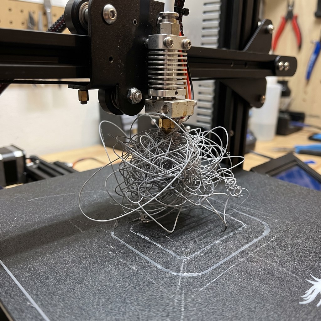 Falha de impressão 3D tipo espaguete: emaranhado de filamento sobre a mesa da impressora
