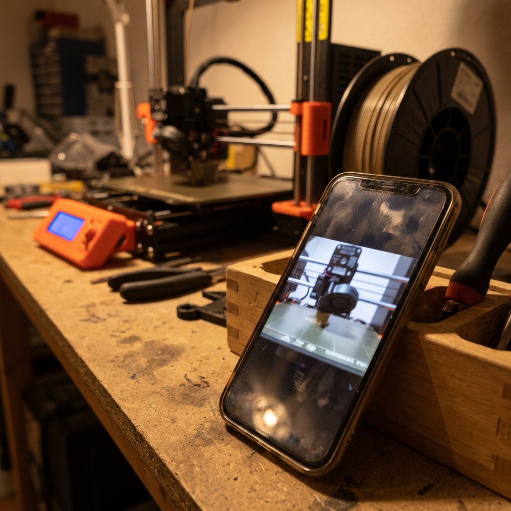 Celular sobre a bancada exibindo a transmissão ao vivo da impressora 3D durante a impressão