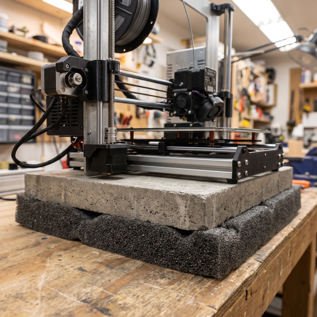 Impressora 3D apoiada sobre laje de concreto com espuma embaixo para reduzir o ruído
