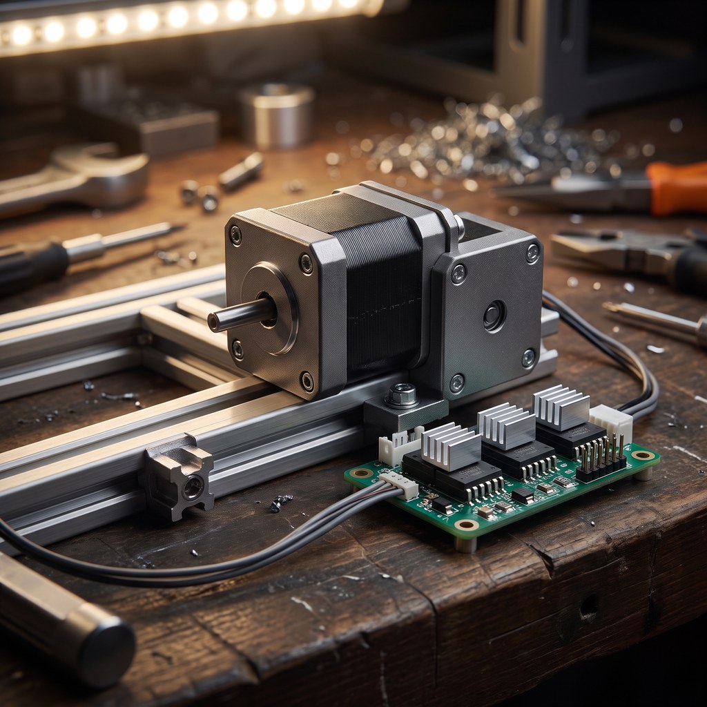 Motor de passo e placa controladora de impressora 3D em detalhe sobre bancada