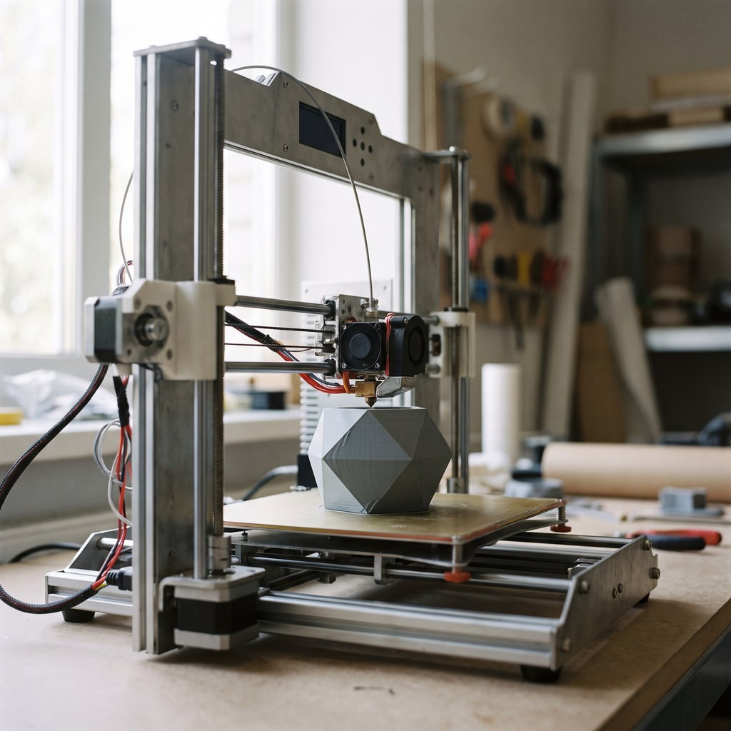 Impressora 3D genérica imprimindo uma peça plástica sobre a mesa de impressão