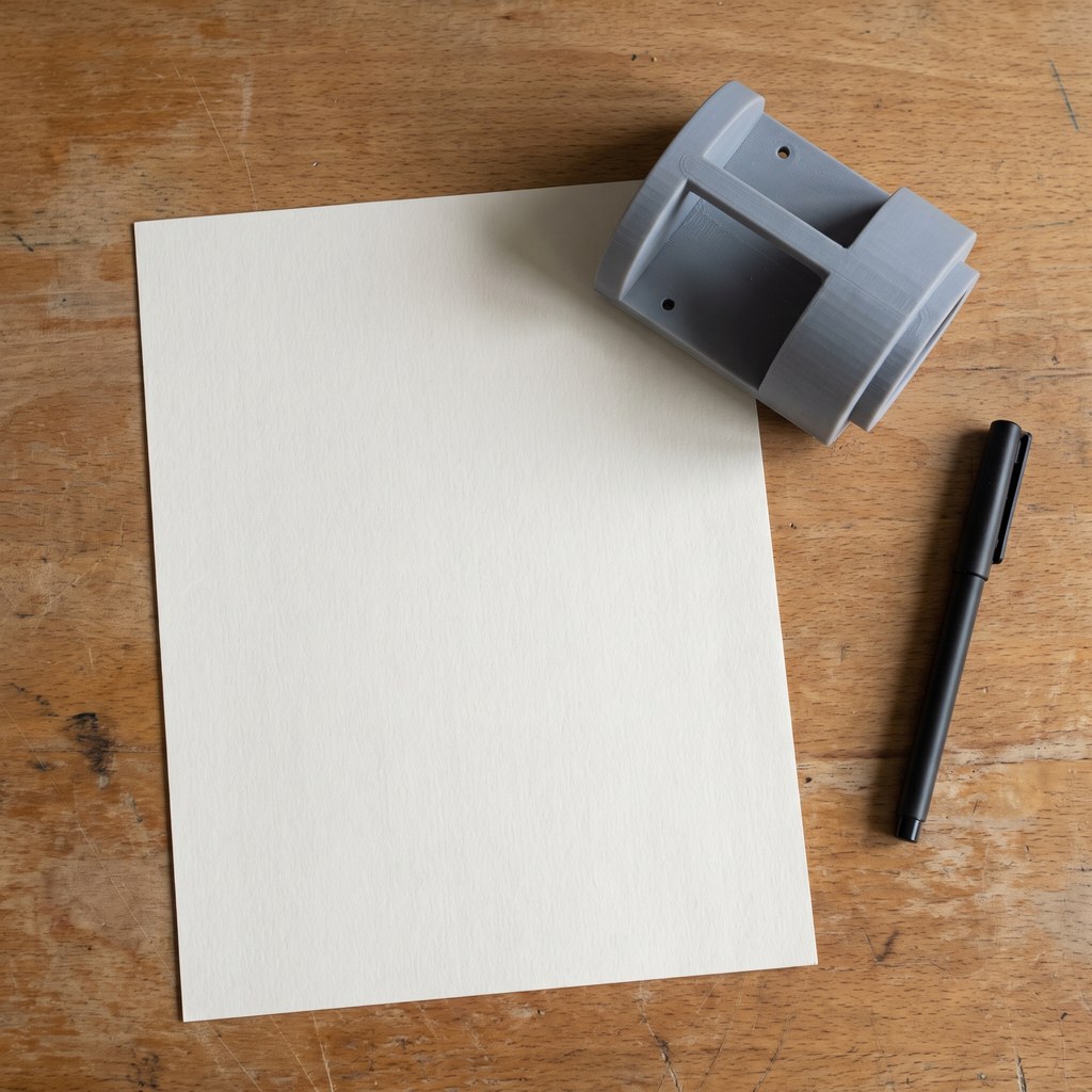 Documento impresso sobre a mesa ao lado de uma peça impressa em 3D, ilustrando a licença do arquivo