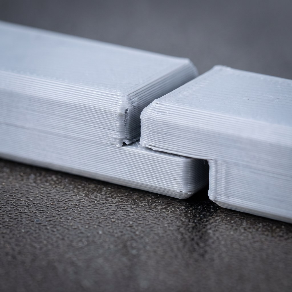 Detalhe do vão entre dois elos de uma peça articulada impressa em 3D