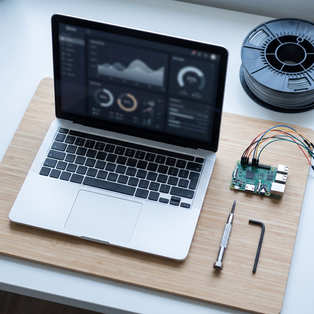 Bancada de maker com notebook exibindo painel de controle da impressora 3D, placa single-board, ferramentas e rolo de filamento