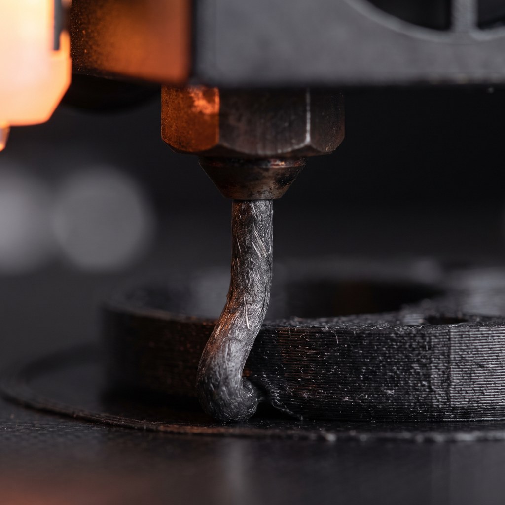 Filamento com fibra de carbono sendo extrudado por um bico de aço endurecido em impressão 3D
