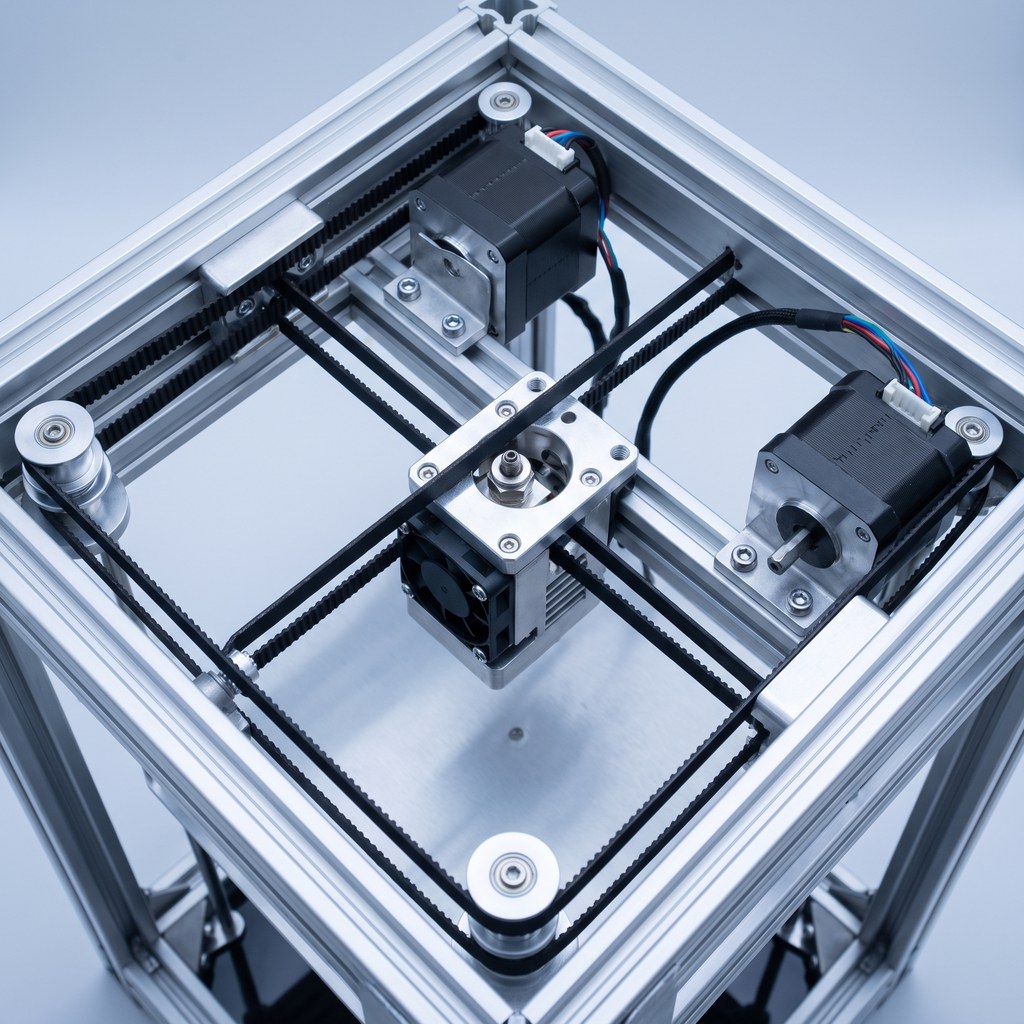 Vista superior de uma impressora 3D CoreXY mostrando as correias cruzadas e os motores fixos no chassi