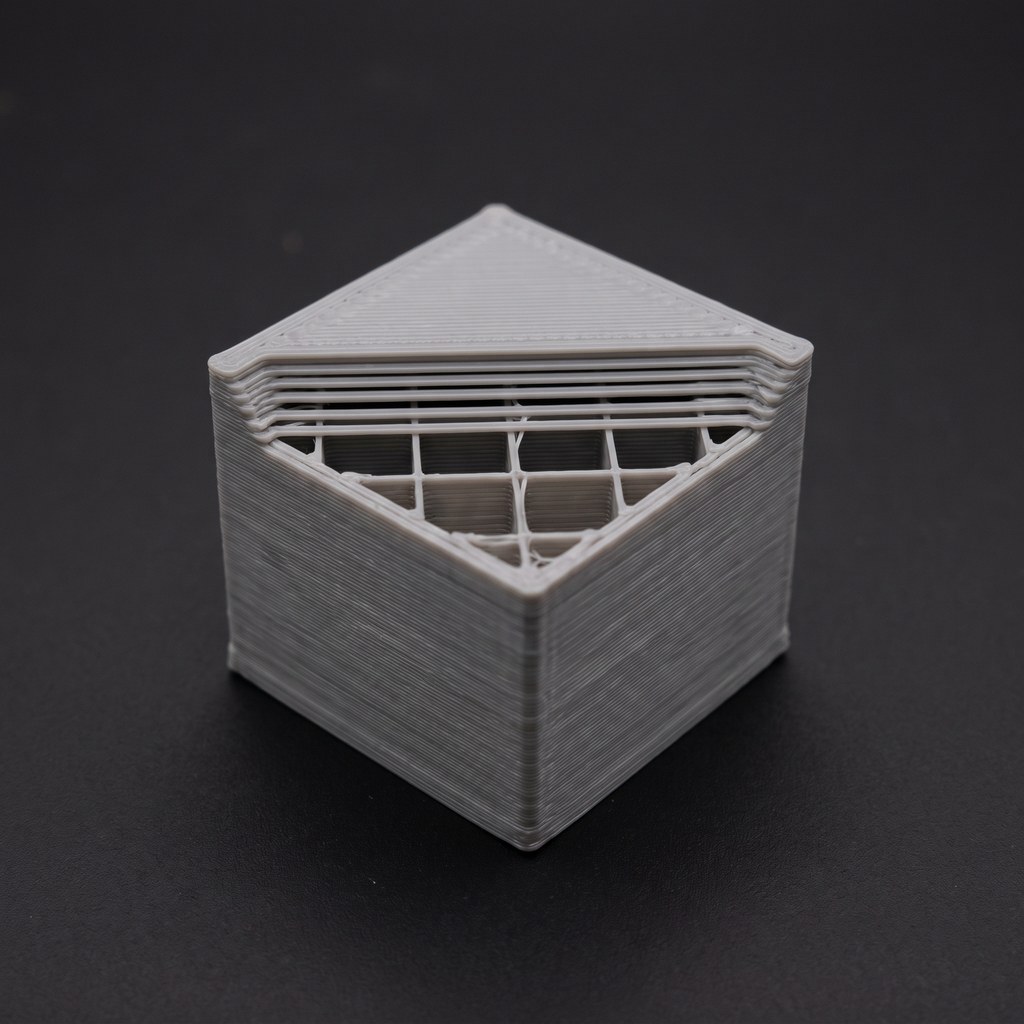 Corte de um cubo impresso em 3D mostrando as camadas de topo apoiadas sobre o preenchimento