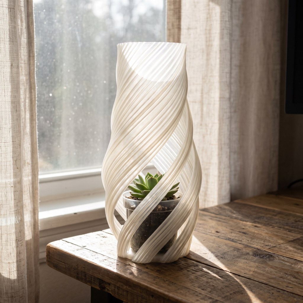 Vaso branco impresso em 3D em espiral usado como cachepô, com a parede única iluminada pela luz da janela