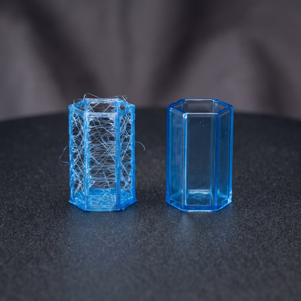 Dois cubos de calibração de PETG lado a lado: um coberto de fiapos e outro com superfície limpa