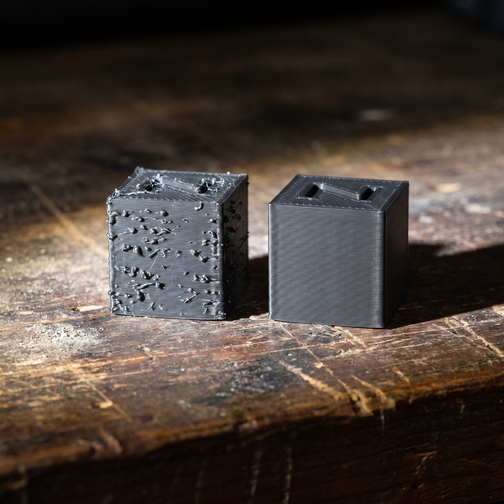 Dois cubos de calibração impressos em 3D lado a lado: um com a parede coberta de blobs e outro com acabamento limpo