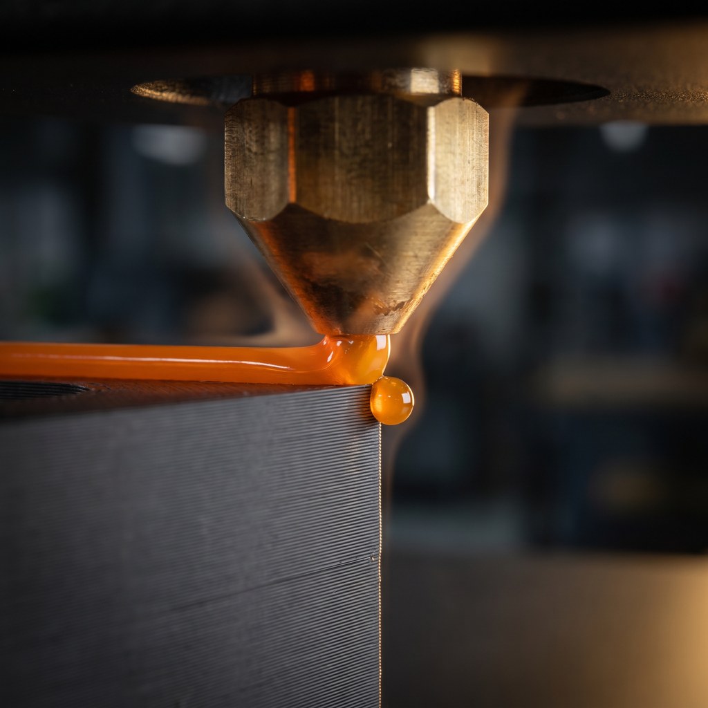 Bico de latão da impressora 3D extrudando filamento laranja num canto da peça, com uma gota de excesso se formando