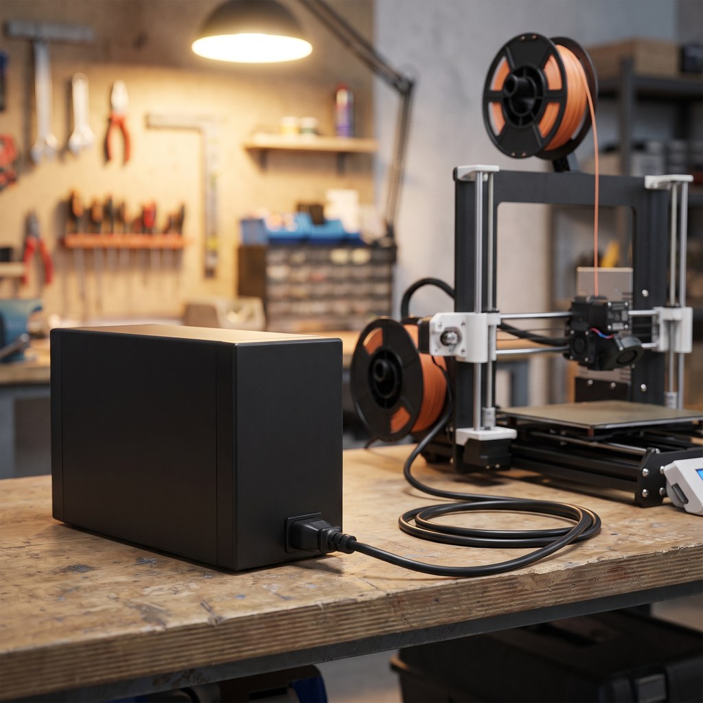 Nobreak genérico ligado ao lado de uma impressora 3D na bancada, protegendo contra queda de energia